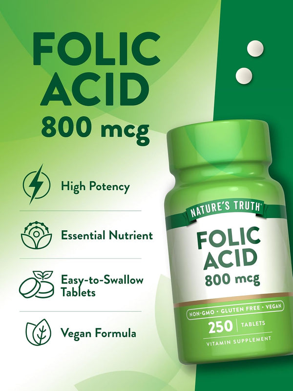 Nature's Truth Folic Acid | 800 mcg | 250 Tablets | Vegan, Non-GMO & Gluten Free Supplement 1 Count (Pack of 250)