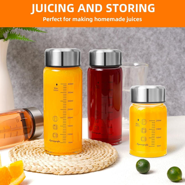 Glass Juice Bottles 16 Oz - Wide Mouth Glass Water Bottles with Lids and Sleeve- for Juicing, Smoothies, Milk, Protein, Reusable, Stainless Steel