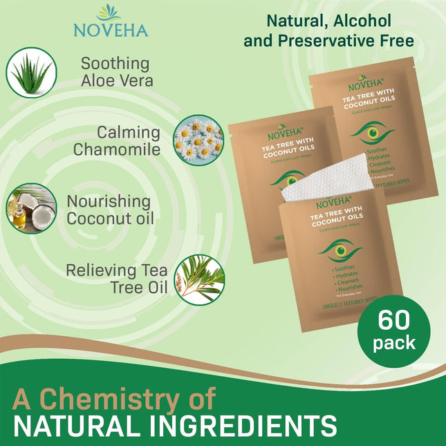 NOVEHA Tea Tree & Coconut Oil Eyelid & Lash Wipes | for Demodex, Blepharitis & I
