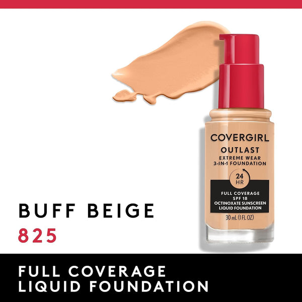 Covergirl Outlast Extreme Wear 3-in-1 Full Coverage Liquid Foundation, SPF 18 Sunscreen, Buff Beige, 1 Fl. Oz. 1 Fl Oz (Pack of 1) Buff Beige