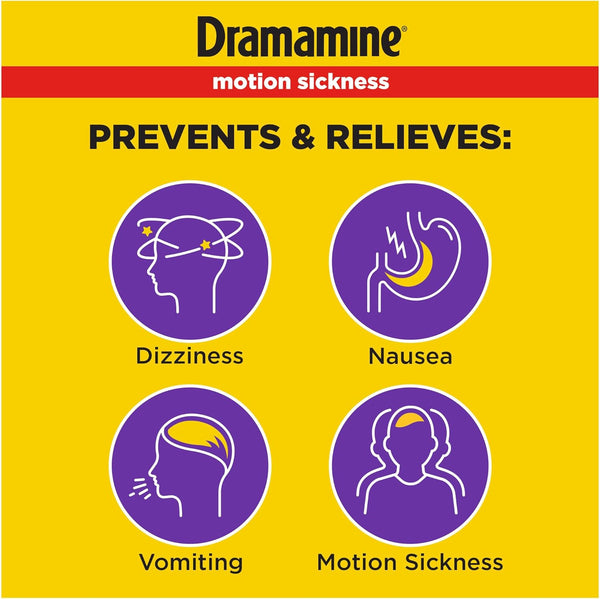 Dramamine Motion Sickness Less Drowsy, Travel Vial, Multicolor, 8 Count 8 Count (Pack of 1)
