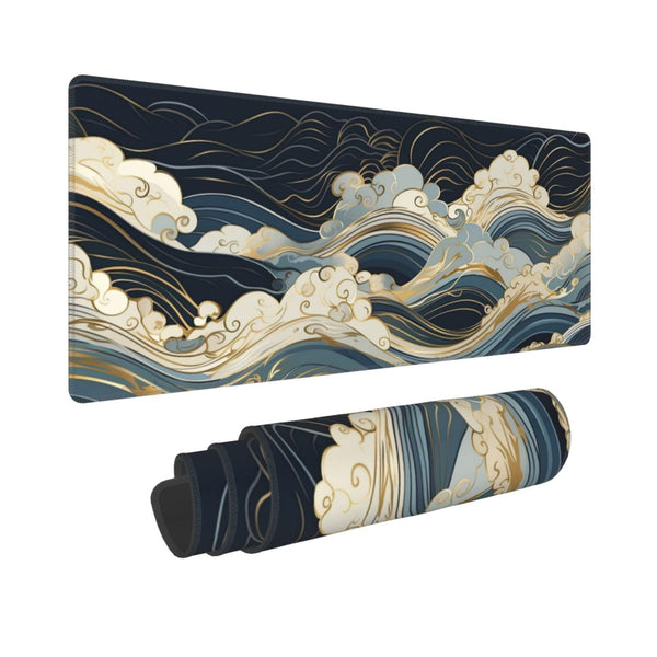 Abstract Japanese Ocean Waves Gaming Mouse Pad XL, Large Non Slip Rubber Mousepad, Stitched Edges Mouse Pads, Long Extended Mouse Pad,31.5'' X 11.8''