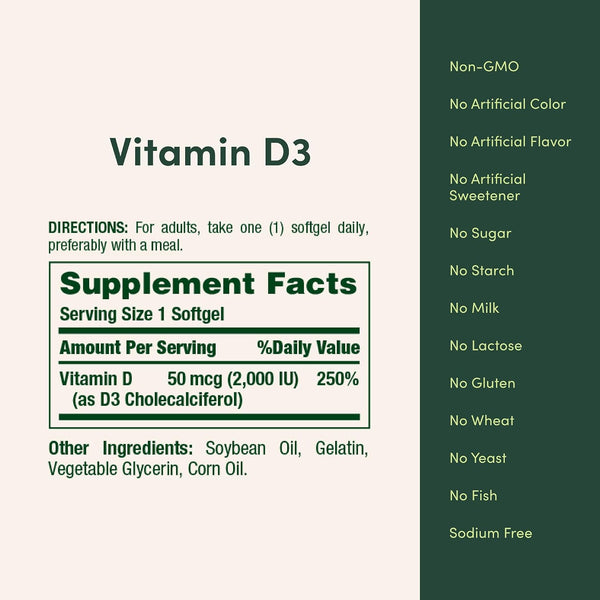 Nature's Bounty Vitamin D3 2000 IU Essential for Healthy Bones 350 Softgels 350 Count (Pack of 1)