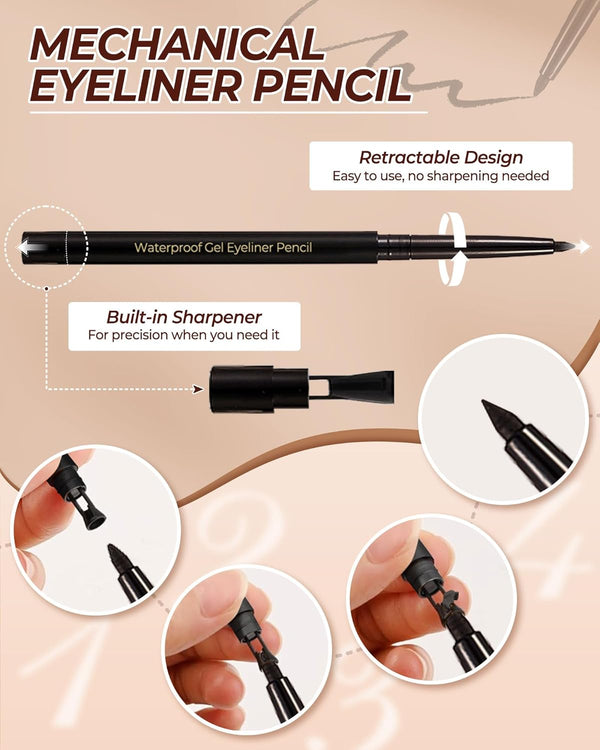 Black Eyeliner Pencil Retractable Gel Eyeliner Pencil Built in Sharpener Waterproof Smudge Proof Waterline Eye Liner Pencil Smooth Creamy Texture
