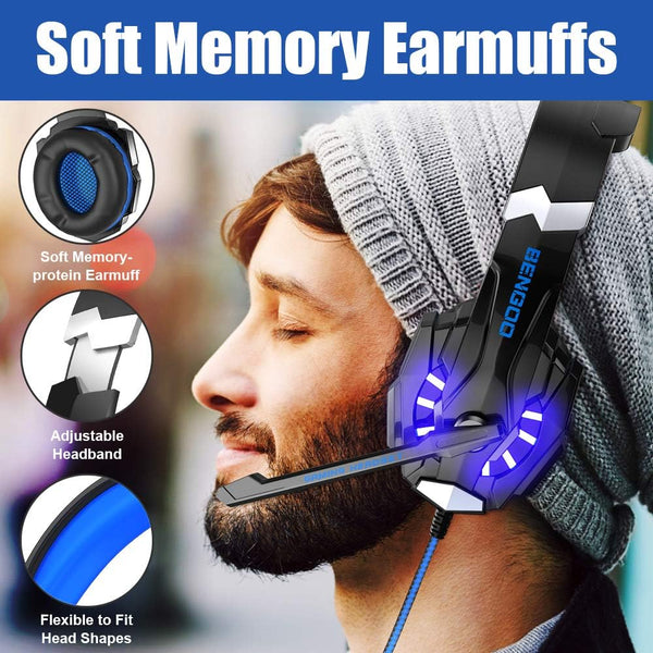 BENGOO G9000 Stereo Gaming Headset for PS4 PC Xbox One PS5 Controller, Noise Cancelling over Ear Headphones with Mic, LED Light, 7.1 Surround