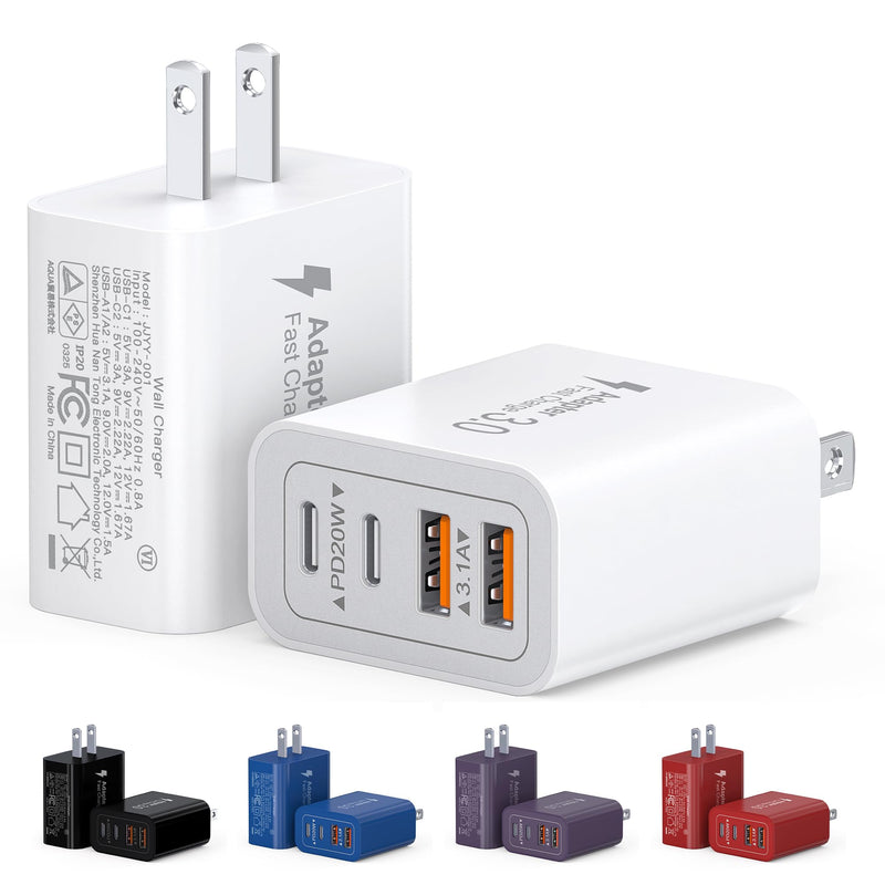 40W USB C Charger Block, 2-Pack 4-Port Type C Fast Charging Brick Dual PD&QC Wall Plug Adapter Compatible for Iphone 16/15/15 Pro/ 15 Pro