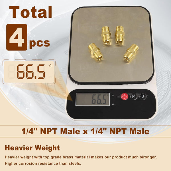 4pcs 1/4" x 1/4" Brass Straight Hex Nipple 1/4" NPT Male x 1/4" NPT Male Thread Brass Pipe Fittings Fast Coupler Straight Pipe Hose Fittings 1/4"