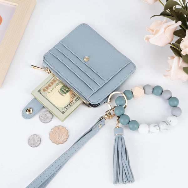 Wristlet Wallets for Women, Keychain RFID Blocking Credit Card Holder, Small Girly Wallet with Bracelet, Silicone Beaded Tassel Key Ring Card
