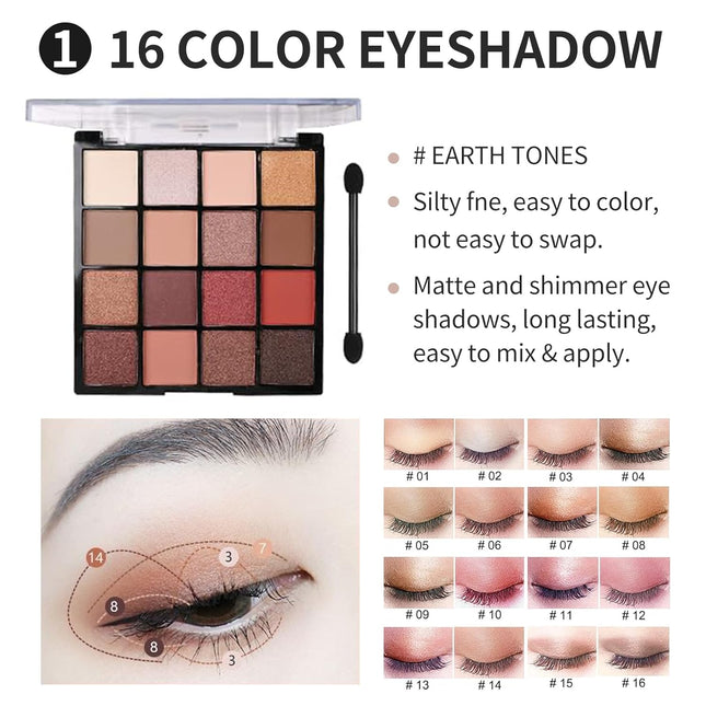 All in One Makeup Kit for Girls - 16 Colors Naked Eyeshadow Palette, 3Pcs Makeup Brushes, Waterproof Eyeliner Pencil, Ey