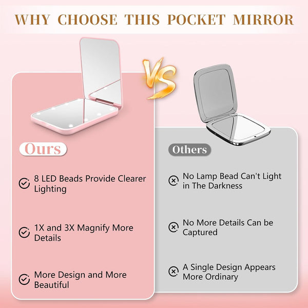 Kakuje Compact Mirror, 1X/3X Magnification LED Pocket Mirror with Nternal BIattery, Mini Mirror for Purse, Pocket,Travel and Present (Pink)
