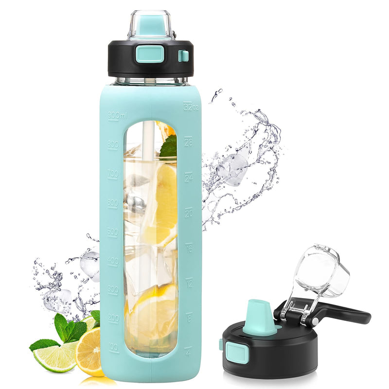 Kodrine 32 Oz Glass Water Bottle with Straw and Carry Loop, One-Touch Leakproof Locking Lid, Reusable Drinking Bottle with Time Marker for Travel