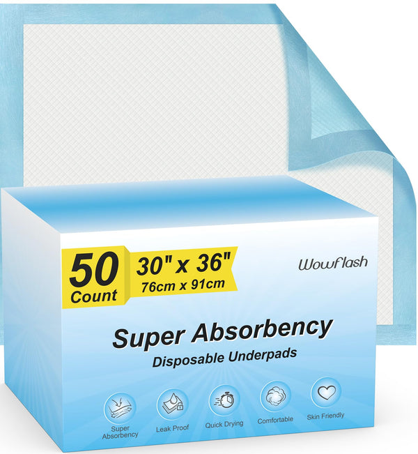 Wowflash Super Absorbency Disposable Leakproof Underpads with Quick Drying for Baby, Adults, Puppy, Dog Bed Pee Pads, Extra Large, XXL