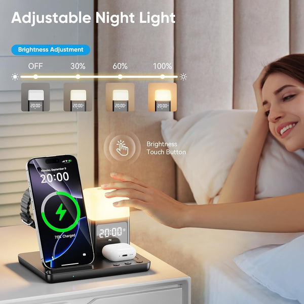 6 in 1 Wireless Charging Station with Clock & Night Light，Alarm Clocks for Bedrooms,Wireless Charger Stand with Beside Clock for iPhone