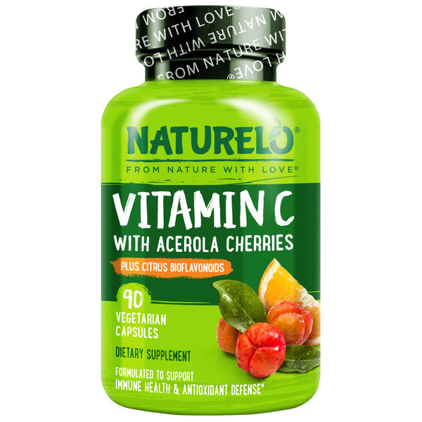 NATURELO Vitamin C with Organic Acerola Cherry Extract and Citrus Bioflavonoids - Vegan Supplement - Immune Support - 500 Mg VIT C per Cap -