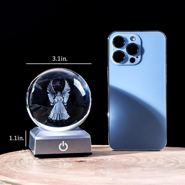 Ornalrist 3D Guardian Angel Figurines K9 Crystal Ball with Silver LED Base Memorial Angel Gifts for Friends Women Glass Decor for Home (3.15 in.)