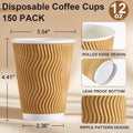 SIUQ Coffee Cups 12 oz 150 Pack, Insulated Ripple Wall Paper Coffee Cups 12 oz, Disposable Coffee Cups, Hot Beverage/Cold Drinking Cups for