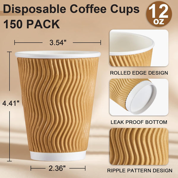 SIUQ Coffee Cups 12 oz 150 Pack, Insulated Ripple Wall Paper Coffee Cups 12 oz, Disposable Coffee Cups, Hot Beverage/Cold Drinking Cups for