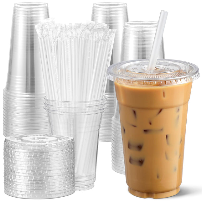 AOZITA [100 Sets 12 oz Clear Plastic Cups With Lids and Straws, Disposable Cups With Lids for Iced Coffee, Smoothie, Mil