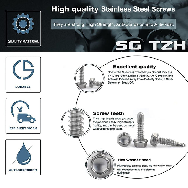 #8 x 1 Sheet Metal Screws 100PCS 410 Stainless Steel Hex Washer Head Fast Self Tapping Screws by SG TZH #8 x 1"