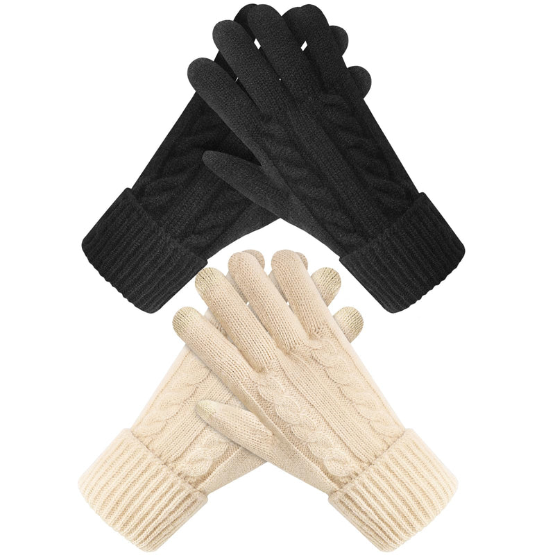 Pleneal Winter Gloves for Women Cold Weather - Womens Gloves Warm Touch Screen Fleece Lined Elastic Cuff Knit Glove 2 Pairs Black & Beige