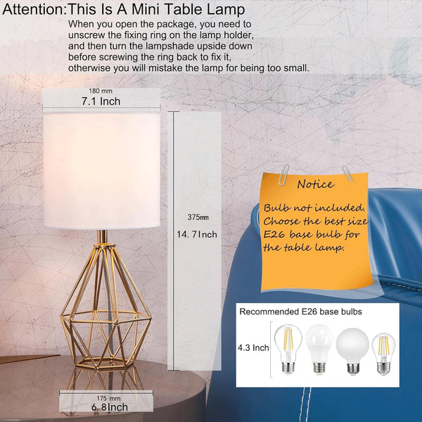 Gold Modern Hollow Out Base Bedroom Small Table Lamp,Bedside Nightstand Lamp with Geometric Metal Base White Fabric Shade,Cute Desk Lamp for Kids