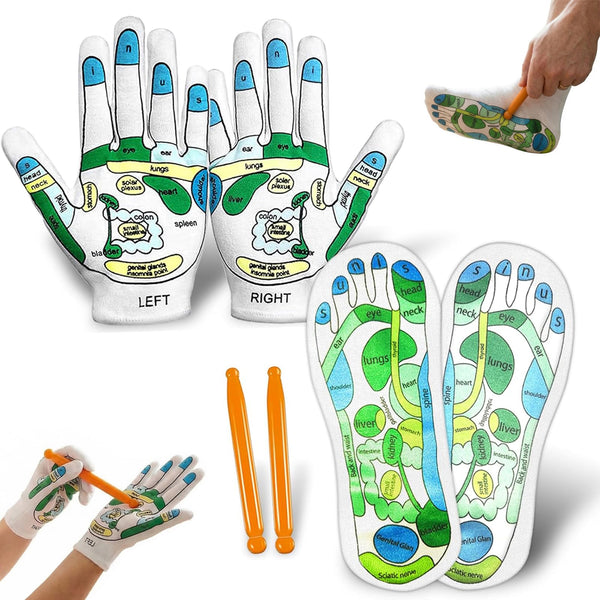 Acupressure Socks and Gloves - 4 Pcs Reflexology Socks with Tools, Tutorial Reflexology Gloves with Massage Sandal, Pain Relief Acupuncture Socks