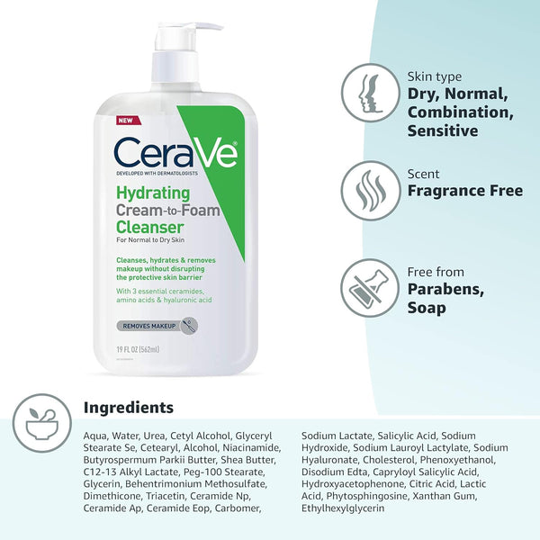 Cerave Hydrating Cream to Foam Cleanser, Makeup Remover Face Wash for Dry Skin, Foaming Facial Cleanser with Hyaluronic Acid, Normal to Dry Skin,