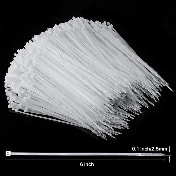 1000 Pcs White Zip Ties, 6 Inch Clear Self-Locking Nylon Cable Ties, Premium Heavy Duty Plastic Wraps Wire Ties for Indoor and Outdoor 6" White