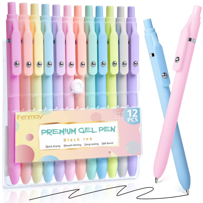 Fenmay Gel Pens, 12 Pcs 0.5mm Fine Point Aesthetic Pens, Quick Dry No Smudge, Smooth Writing Comfortable Grip Pen, Cute Black Ink Journaling Pens