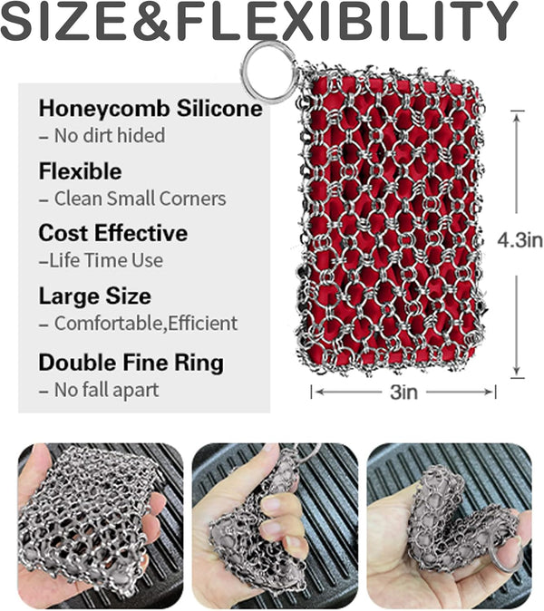 Herda 316L Cast Iron Scrubber Cleaner, Large Cast Iron Chain Mail Scrubber - Chainmail Scrubber Sponge - Metal Skillet Scrubbing, Wok, Dutch Oven