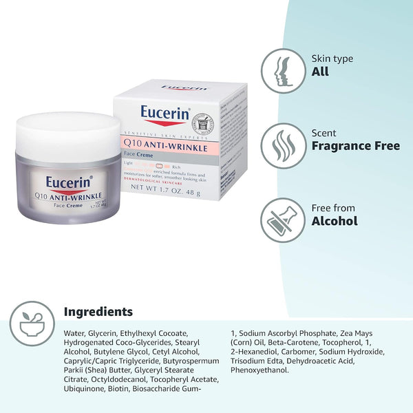 Eucerin Q10 Anti-Wrinkle Face Cream, Unscented Face Cream for Sensitive Skin, 1.7 Oz Jar 1.7 Ounce (Pack of 1)
