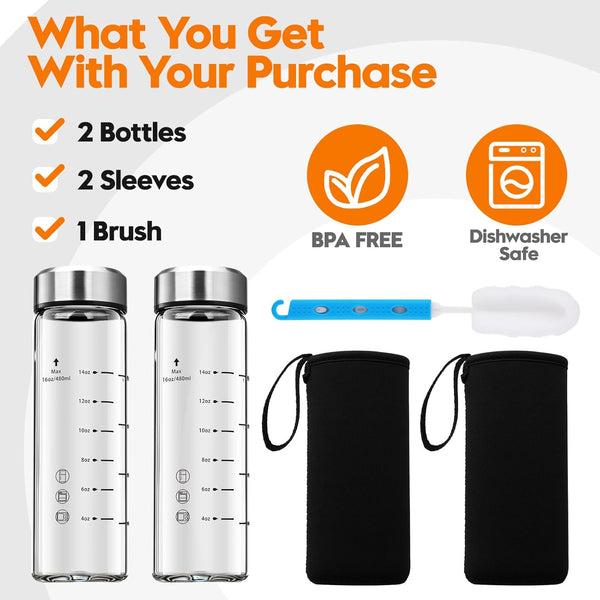 SIEROZUR Glass Juice Bottles 16 Oz-2 Pack Leak Proof Wide Mouth Water Bottle with Stainless Steel Lid & Sleeve - for Juicing, Smoothies, Infused