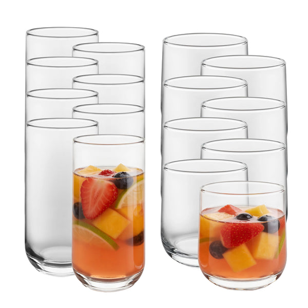 Libbey Ascent Tumbler & Rocks Drinking Glasses Set of 16, Clear Glass Cups | 16.25 oz & 12.25 oz Capacities Glasses for Water, Juice, Cocktails,