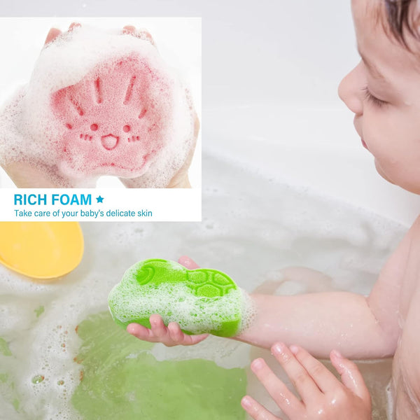 Baby Bath Sponge, Natural Cute Shapes Soft Shower Sponges for Bathing, Bathtub Foam for Infants and Toddler, 3pcs : Blue Dolphin, Pink Shell,