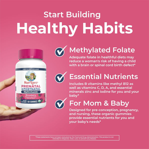 Maryruth Organics Prenatal Vitamins for Women | USDA Organic Prenatal Gummies | Postnatal Vitamins for Women Breastfeeding | Methylfolate 800 Mcg