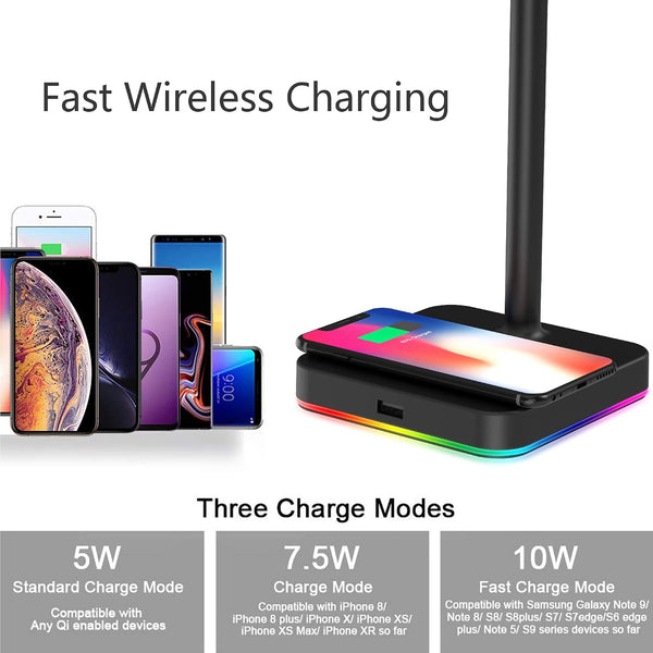 KAFRI RGB Headphone Stand with Wireless Charger Desk Gaming Headset Holder Hanger Rack with 10W/7.5W QI Charging Pad and QC 3.0 USB Port -