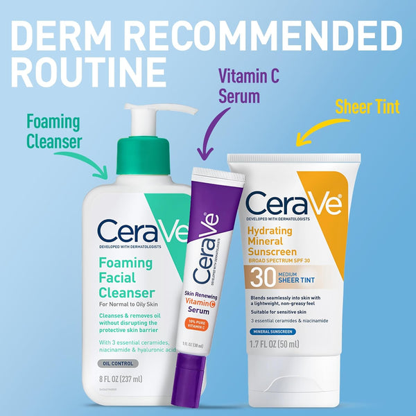 CeraVe Hydrating Mineral Sunscreen SPF 30 with Sheer Tint, Tinted Mineral Sunscreen with Zinc Oxide & Titanium Dioxide, Blends Seamlessly For