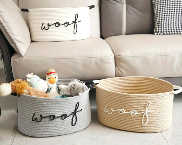 Woof Woven Rope Storage Baskets, Pet Dog Toy Bin Box Perfect for organizing Chew Toys Blankets leashes, Dog Toy holder Cotton Basket Puppy Bins beige
