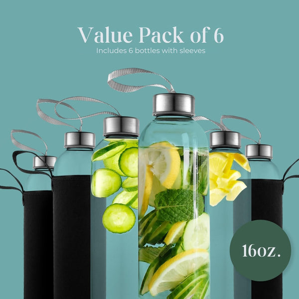 Kitchen Lux 16 Ounce Glass Water Bottles, Reusable Water Bottles with Airtight, Pack of 6, Stainless Steel Lids Carrying Strap And Nylon Water
