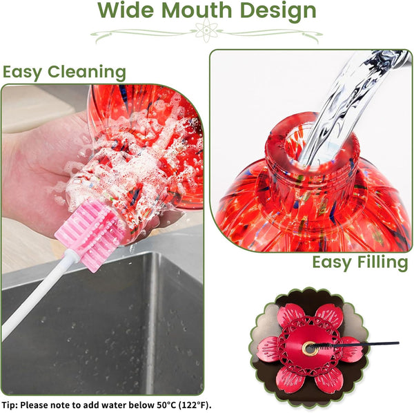 BOLITE Glass Hummingbird Feeders for Outdoors Hanging, Hand Blown, Red | With Ant-Moat, 20oz, 5 Bee-Proof Ports, 360° Perch, Leak-Proof, Meshy