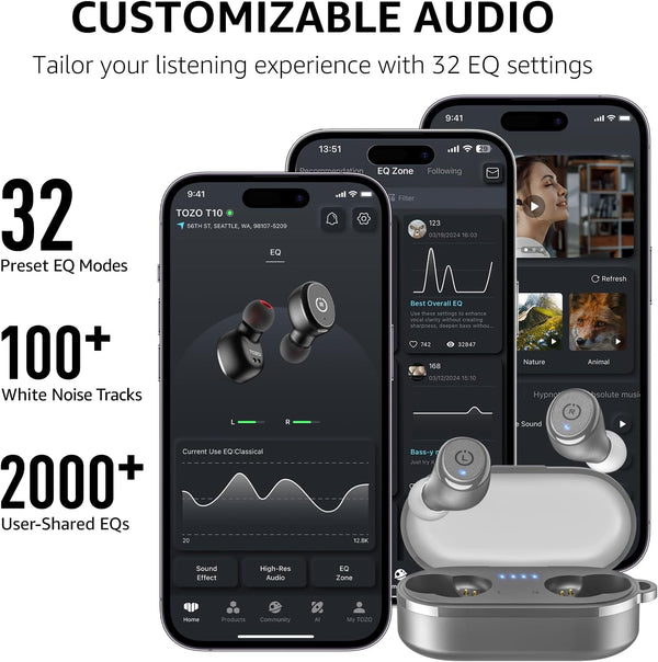 TOZO T10 Wireless Earbuds Bluetooth 5.3 Headphones, App Customize EQ, Ergonomic Design, 55H Playtime, Wireless Charging Case, IPX8 Waterproof