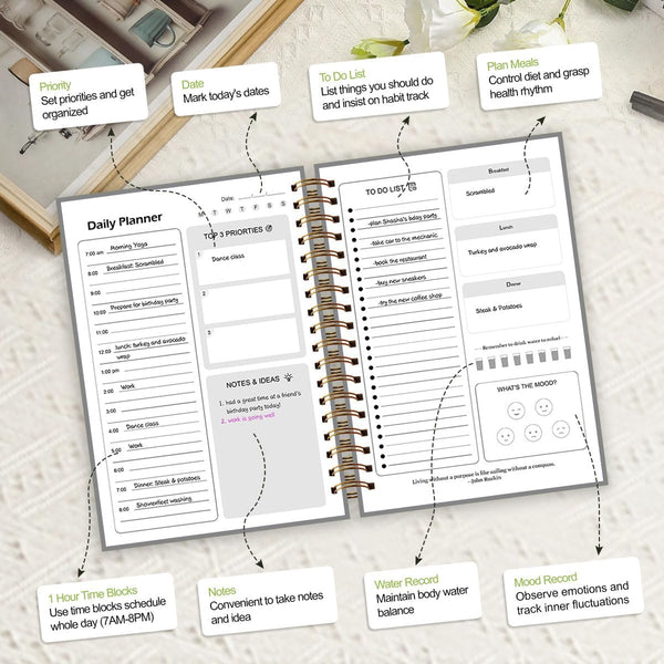 7" x 10" Undated Hourly Planner journal, Daily Planner, Notebook With Hourly Schedule, Weekly and Monthly Planner Spiral Bound,Weekly To Do List
