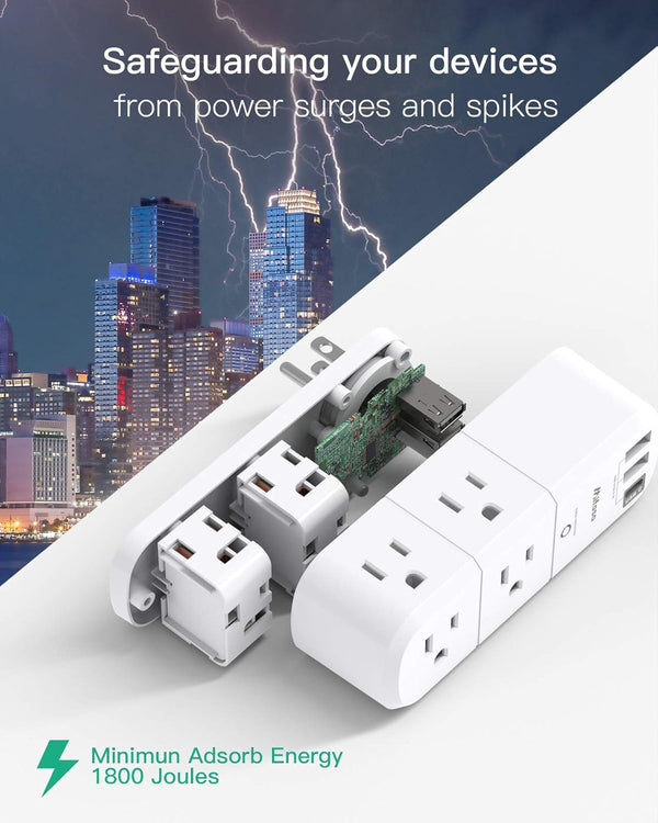 USB Outlet Extender Surge Protector - Mifaso Rotating Plug, 6 AC Multi Plug and 3 USB Ports (1 C), 1800 Joules, 3-Sided Swivel Power Strip Spaced
