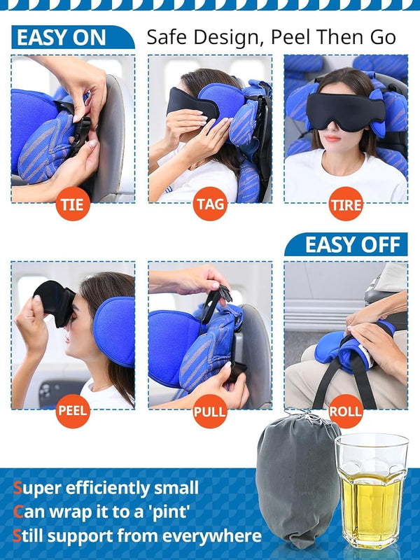 SARISUN Airplane Pillow Combo with Chin Strap, Travel Pillows for Airplanes with Sleep Eye Mask, Plane Pillow for Long Flights, Car Road Trip,