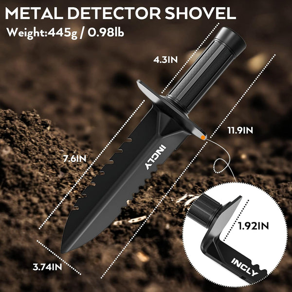 INCLY Metal Detector Shovel, Heavy Duty Double Serrated Edge Digger, Detecting Digging Tool with Sheath for Belt Mount, Gardening & Detecting