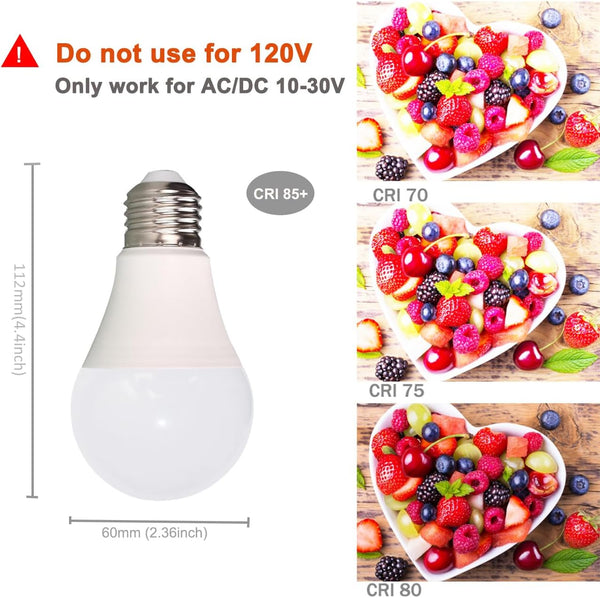 12V LED Light Bulb 7W 630Lm AC/DC10-30Volt Low Voltage E26 Base (2700K Warm White)40-60 Watt A19 Bulbs Equivalent,Landscape Garden Yard, 12volt