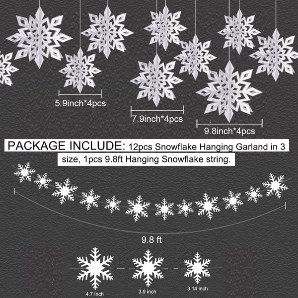 OuMuaMua Winter Christmas Hanging Snowflake Ornaments, 12PCS Snowflakes Garland & 12PCS 3D Glittery Large White Snowflake for Xmas Winter