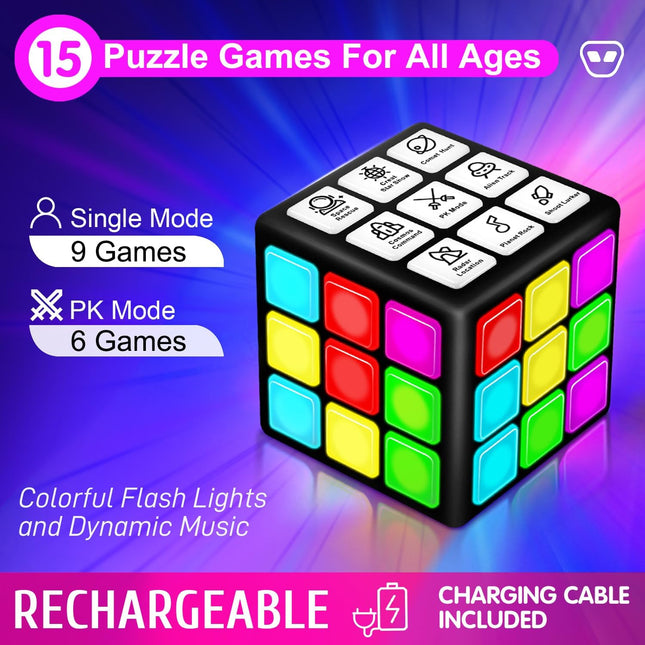 Rechargeable Game Handheld Cube - 15 Fun Brain & Memory Game with Score Screen -