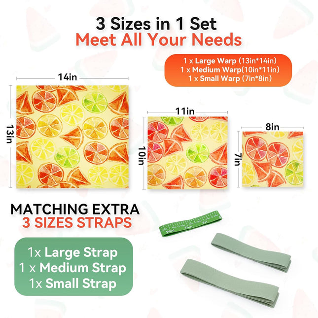 Beeswax Food Wraps Reusable 6-Pack - 3 Sizes + Elastic Storage Wraps for Contain