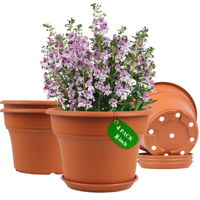 8 Inch Plastic-Flower Pot-For-Indoor Plants, 4 Pack Large Outdoor Planter Pot with Drainage Holes & Saucers, Resin Decor